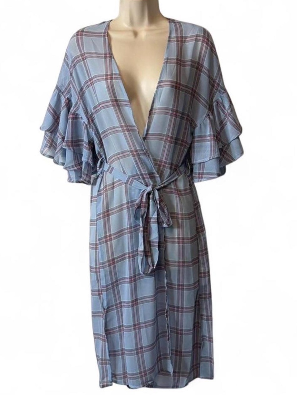 Very J Blue Plaid Ruffle Sleeve Kimono, Women's Size S